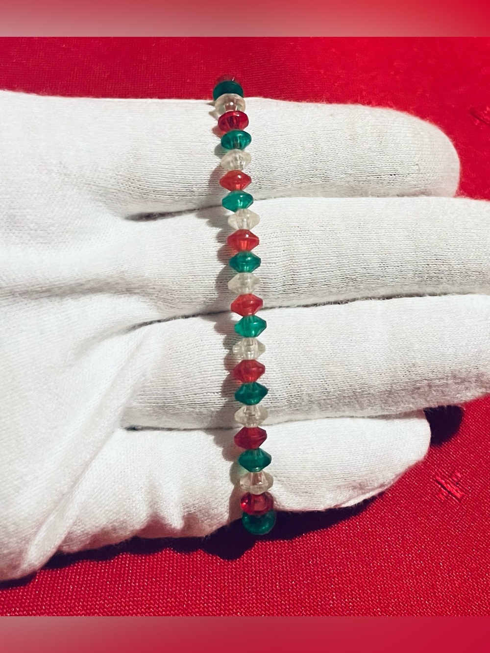 Handmade Red Green White Beaded Bracelet